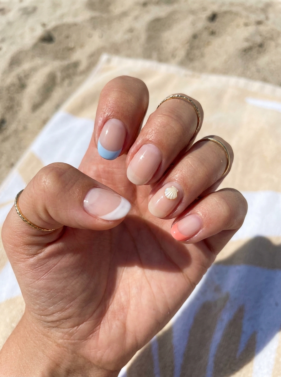 Short Urlaub Nails mit Baby Blue, Coral und Beach-Akzenten